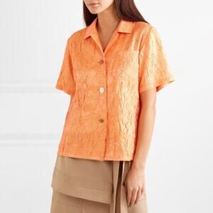 REJINA PYO Mila Crinkled Satin Orange Short Sleeve Button Down Shirt Size Medium